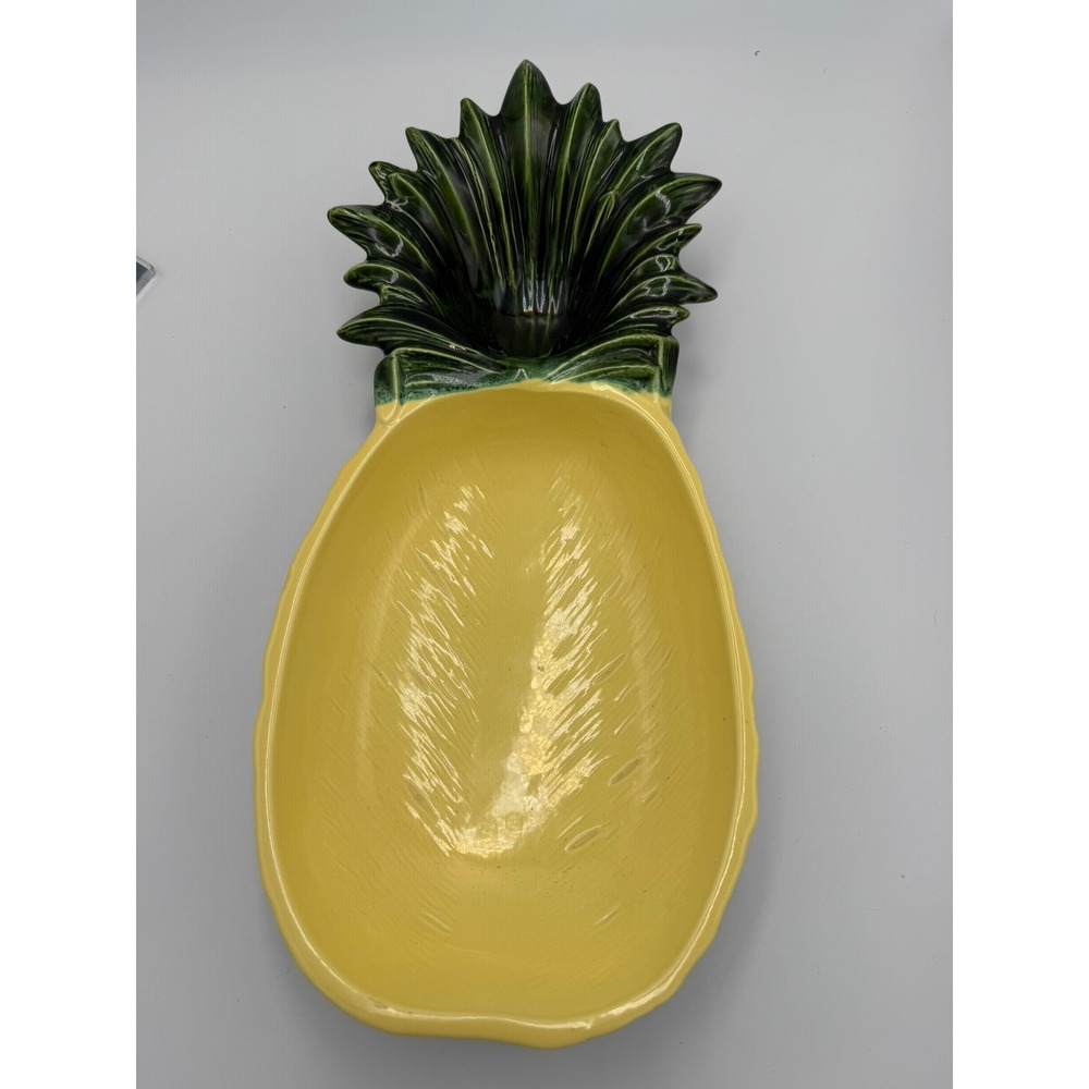 Vintage Ceramic Pineapple Serving Bowl Yellow Green Tropical Made in USA Large